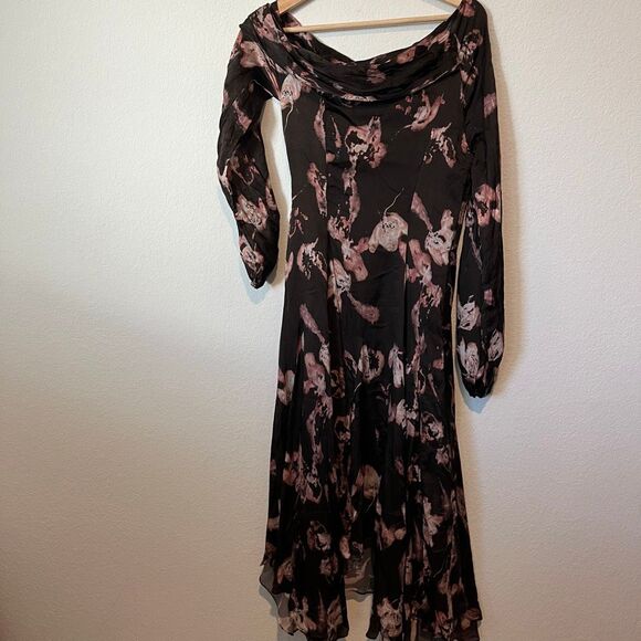 Amur Brown Floral Lorraine Off The One Shoulder Silk Midi Dress Women's Size 6 - Picture 4 of 8
